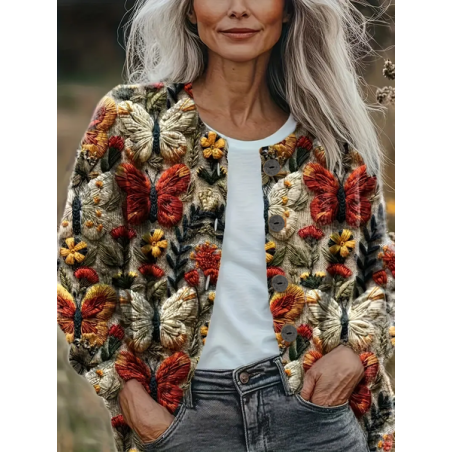 Women Floral Printing Long Sleeve Crew Neck Vintage Spring/Fall Cardigan Outerwear