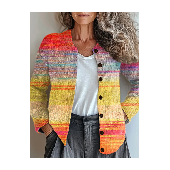 Women Abstract Printing Long Sleeve Crew Neck Vintage Spring/Fall Cardigan Outerwear