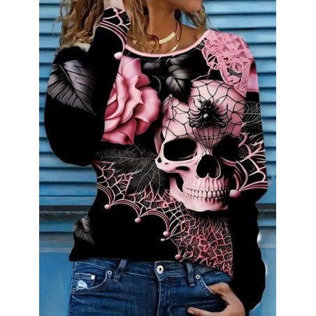 Women Skull Long Sleeve Tee T-shirt Crew Neck Printing Casual Spring/Fall Graphic Tee Top