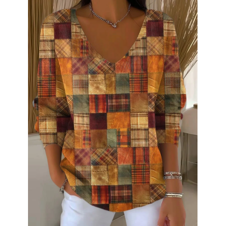 Women Abstract Long Sleeve Tee T-shirt V Neck Printing Casual Spring/Fall Top