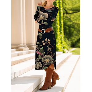 Women Floral Long Sleeve Spring/Fall Dress Crew Neck Daily Casual Midi T-Shirt Dress A-Line Dress