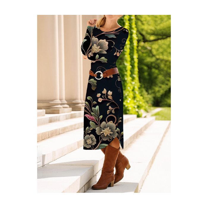Women Floral Long Sleeve Spring/Fall Dress Crew Neck Daily Casual Midi T-Shirt Dress A-Line Dress