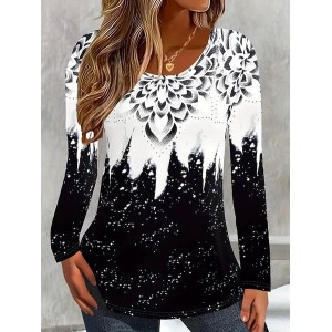 Women Floral Long Sleeve Tee T-shirt Crew Neck Casual Spring/Fall Top