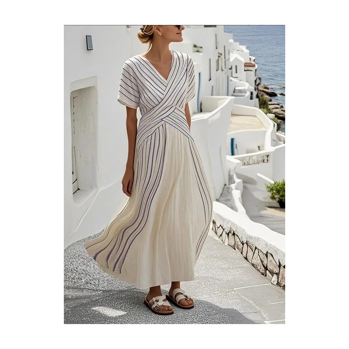 Women Striped Short Sleeve Summer Split Joint Dress V Neck Daily Vintage Maxi T-Shirt Dress A-Line Dress