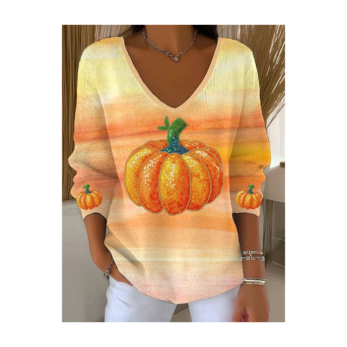 Women Halloween (pumpkin) Long Sleeve Tee T-shirt V Neck Printing Casual Spring/Fall Top