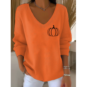 Women Halloween (pumpkin) Long Sleeve Tee T-shirt V Neck Printing Casual Spring/Fall Top