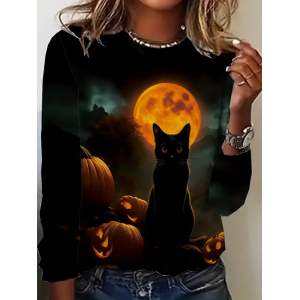 Women Cat Long Sleeve Tee T-shirt Crew Neck Printing Casual Spring/Fall Graphic Tee Top