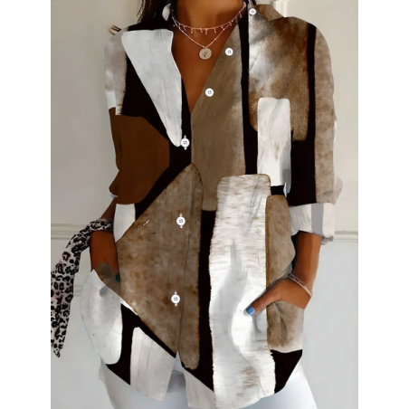 Women Abstract Long Sleeve Shirt Spring/Fall Buckle Shirt Collar Regular Sleeve Daily Casual Top