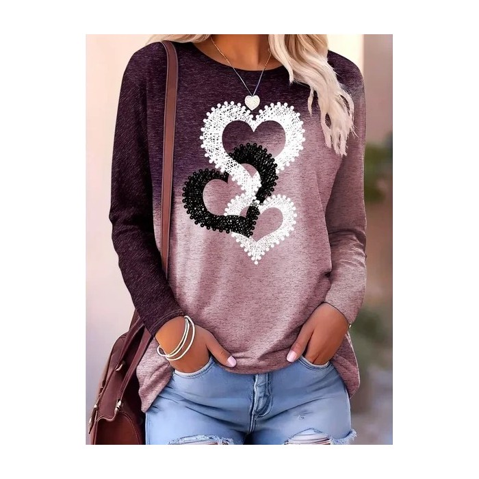 Women Heart/Cordate Long Sleeve Tee T-shirt Crew Neck Printing Casual Spring/Fall Graphic Tee Top