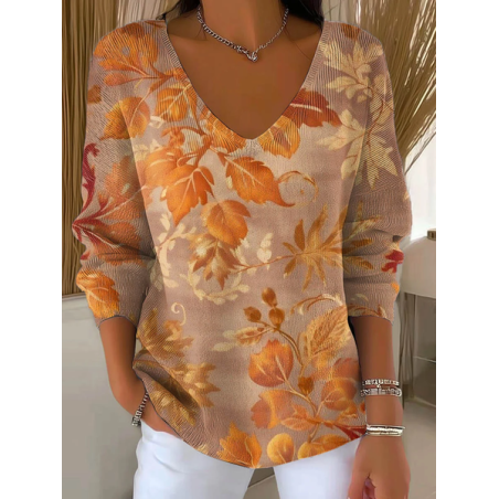 Women Maple Leaf Long Sleeve Tee T-shirt V Neck Printing Casual Spring/Fall Top