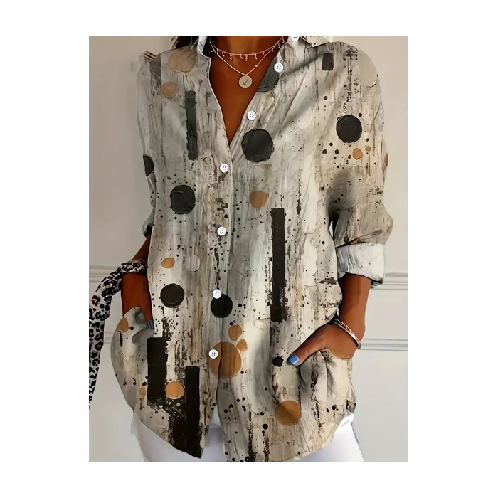 Women Abstract Long Sleeve Shirt Spring/Fall Buckle Shirt Collar Regular Sleeve Daily Casual Top