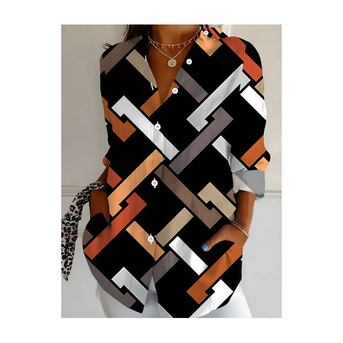 Women Abstract Long Sleeve Shirt Spring/Fall Buckle Shirt Collar Regular Sleeve Daily Casual Top