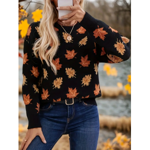 Women Maple Leaf Printing Spring/Fall Casual Long Sleeve Crew Neck Sweater