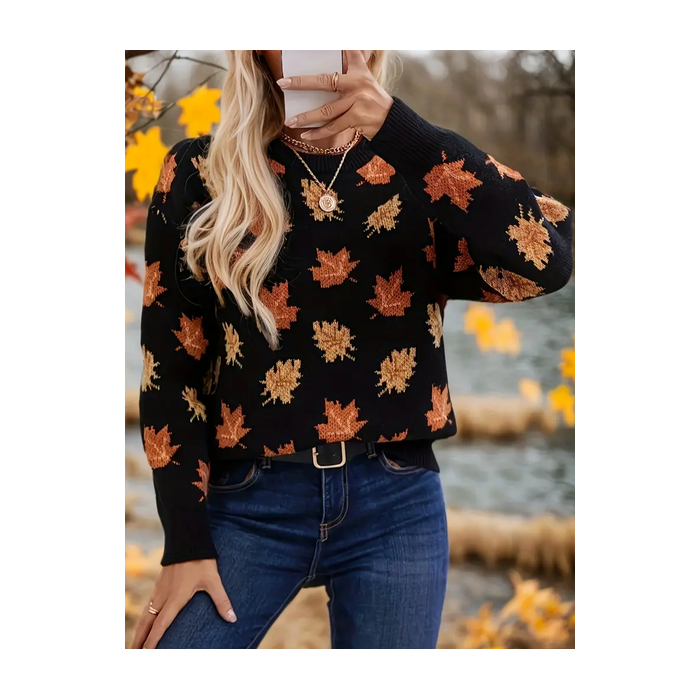 Women Maple Leaf Printing Spring/Fall Casual Long Sleeve Crew Neck Sweater