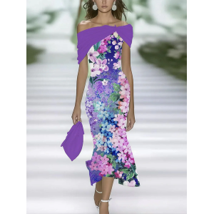 Women Floral Cap Sleeve Summer Printing Dress Cold Shoulder Daily Vintage Maxi H-Line Dress