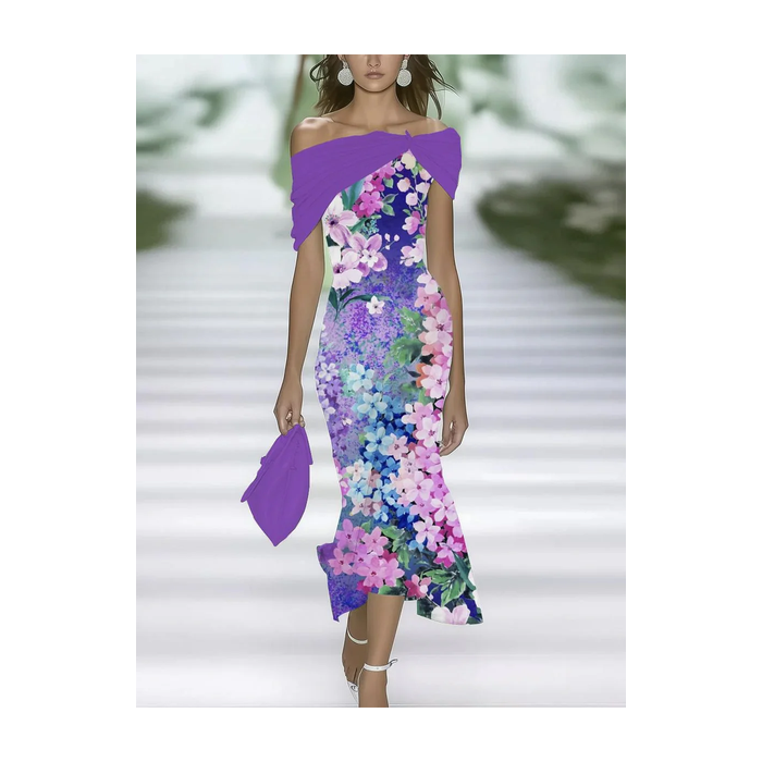 Women Floral Cap Sleeve Summer Printing Dress Cold Shoulder Daily Vintage Maxi H-Line Dress