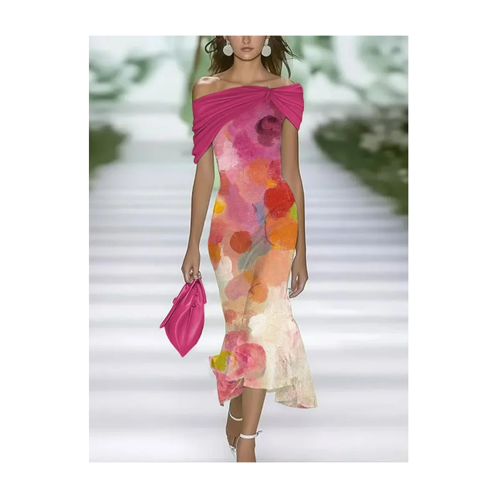 Women Abstract Cap Sleeve Summer Printing Dress Cold Shoulder Daily Vintage Maxi H-Line Dress