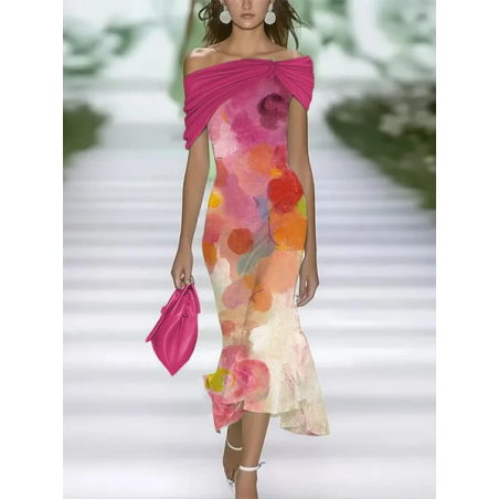 Women Abstract Cap Sleeve Summer Printing Dress Cold Shoulder Daily Vintage Maxi H-Line Dress