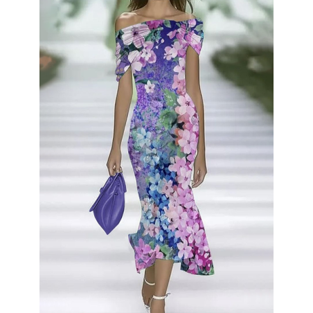 Women Floral Cap Sleeve Summer Printing Dress Cold Shoulder Daily Vintage Maxi H-Line Dress