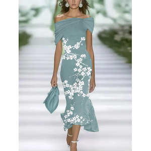 Women Floral Cap Sleeve Summer Printing Dress Cold Shoulder Daily Vintage Maxi H-Line Dress