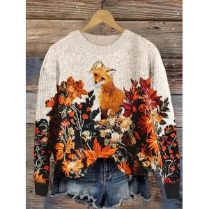 Women Floral Printing Spring/Fall Casual Long Sleeve Crew Neck Knitted Sweater