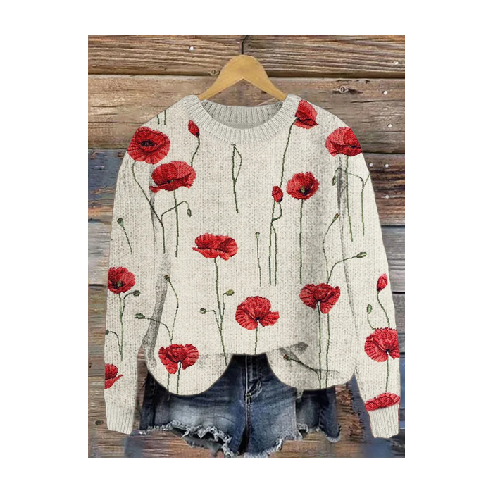 Women Floral Printing Spring/Fall Casual Long Sleeve Crew Neck Knitted Sweater