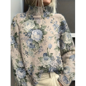 Women Floral Printing Spring/Fall Vintage Long Sleeve Turtleneck Sweater