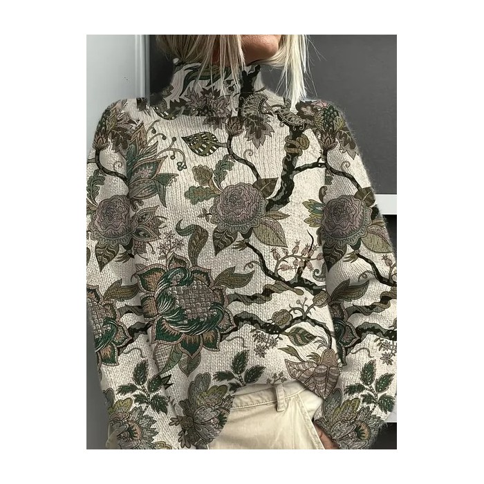 Women Floral Printing Spring/Fall Vintage Long Sleeve Turtleneck Sweater