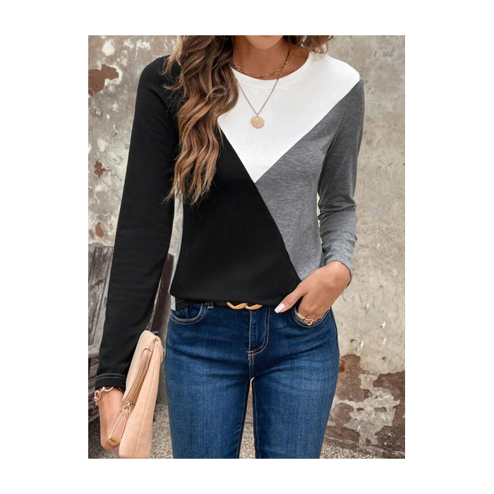 Women Multicolor Block Long Sleeve Tee T-shirt Crew Neck Printing Casual Spring/Fall Graphic Tee Top