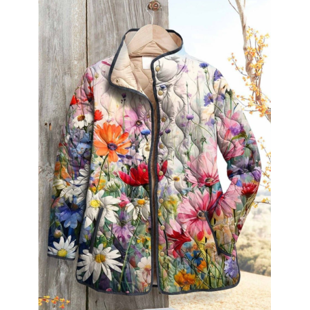 Women's Vintage Printing Winter Floral Stand Collar Padded Parka