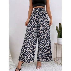 Women Leopard Long Elastic Waist Pants Vintage Spring/Fall Trousers