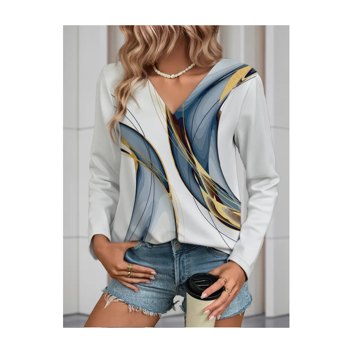 Women Abstract Long Sleeve Tee T-shirt V Neck Printing Casual Spring/Fall Graphic Tee Top