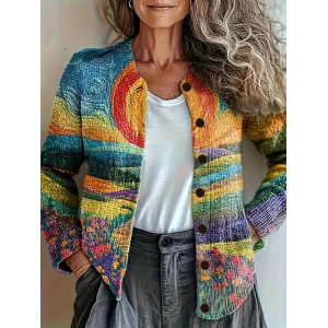 Women Abstract Vintage Spring/Fall Printing Cardigan