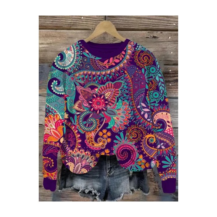 Women's Crew Neck Ethnic Casual Spring/Fall Cotton Long Sleeve Sweatshirt