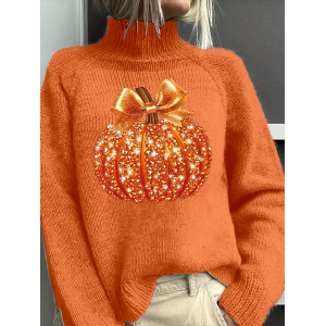 Women Halloween (pumpkin) Printing Spring/Fall Vintage Long Sleeve Turtleneck Sweater
