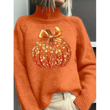 Women Halloween (pumpkin) Printing Spring/Fall Vintage Long Sleeve Turtleneck Sweater