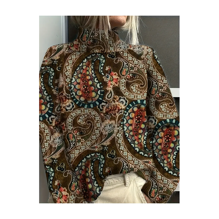 Women Floral Printing Spring/Fall Vintage Long Sleeve Turtleneck Sweater