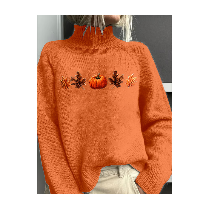 Women Maple Leaf Printing Spring/Fall Vintage Long Sleeve Turtleneck Sweater