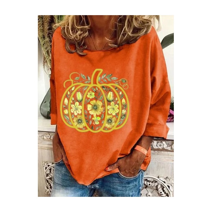 Women Halloween Pumpkin Floral Print Long Sleeve Tee T-shirt Crew Neck Festival Spring/Fall Graphic Tee Top