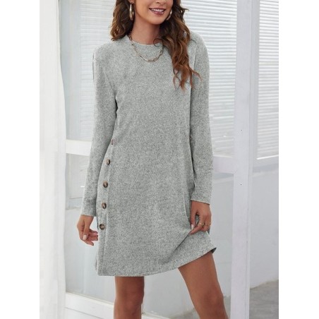 Women Plain Long Sleeve Spring/Fall Split Joint Dress Crew Neck Daily Vintage Midi Shift Dress A-Line Dress