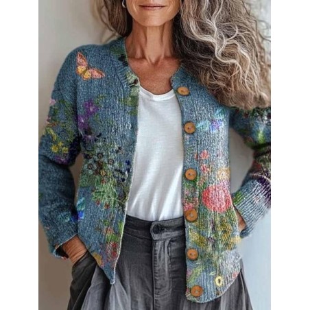 Women's Spring/Fall Outerwear Casual Zipper Floral Long Sleeve Crew Neck Jacket