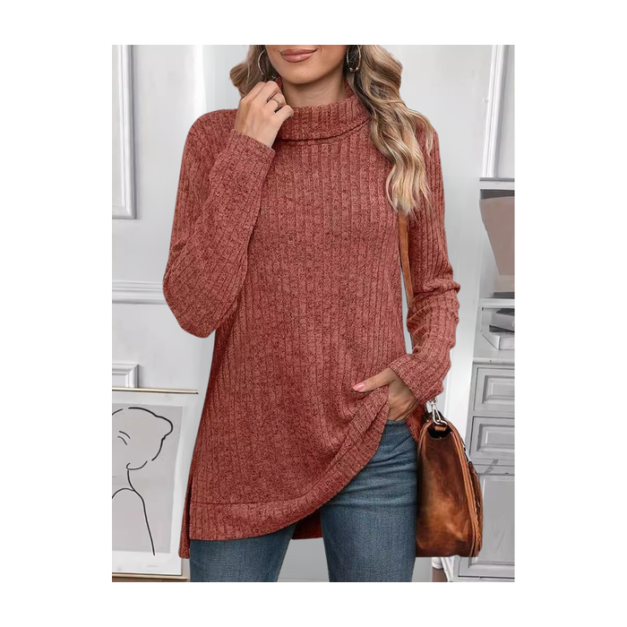 Women Plain Long Sleeve Tee T-shirt Turtleneck Split Joint Vintage Spring/Fall Top