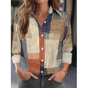 Women Abstract Long Sleeve Shirt Spring/Fall Buckle Shirt Collar Regular Sleeve Daily Casual Top