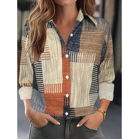 Women Abstract Long Sleeve Shirt Spring/Fall Buckle Shirt Collar Regular Sleeve Daily Casual Top