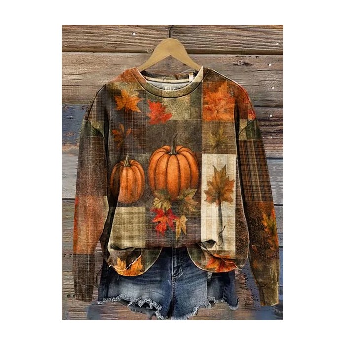 Women Maple Leaf Crew Neck Printing Casual Spring/Fall Long Sleeve Sweatshirt