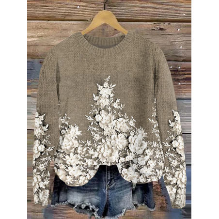 Women Floral Printing Spring/Fall Casual Long Sleeve Crew Neck Knitted Sweater