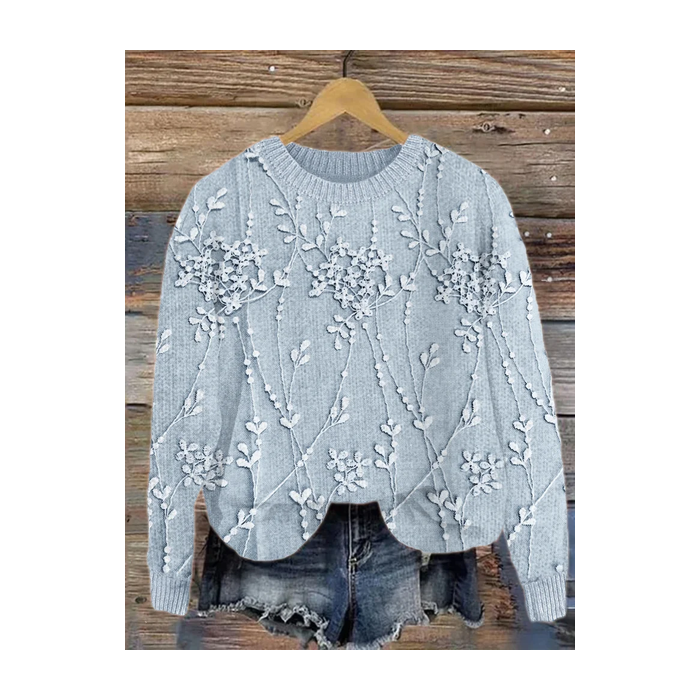 Women Floral Printing Spring/Fall Casual Long Sleeve Crew Neck Knitted Sweater
