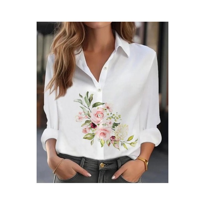 Women Floral Long Sleeve Shirt Spring/Fall Buckle Shirt Collar Regular Sleeve Daily Casual Top