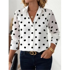 Women Polka Dots Long Sleeve Shirt Spring/Fall Buckle Shirt Collar Regular Sleeve Daily Casual Top