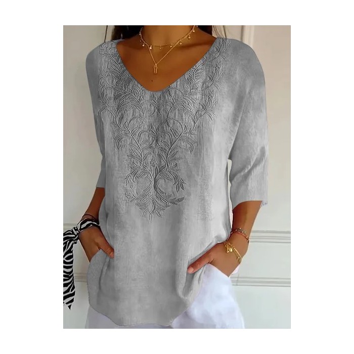 Women Floral Three Quarter Sleeve Tee T-shirt V Neck Printing Casual Spring/Fall Graphic Tee Top